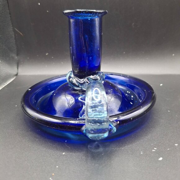 Blue Glass Artisan Candlestick  Whimsical Curved Handle Vintage Handblown Decor - Picture 4 of 8